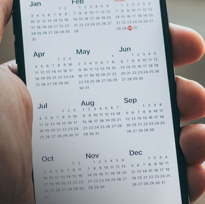 En hand som håller i en mobil som visar en kalender med alla dagar för ett helt år.